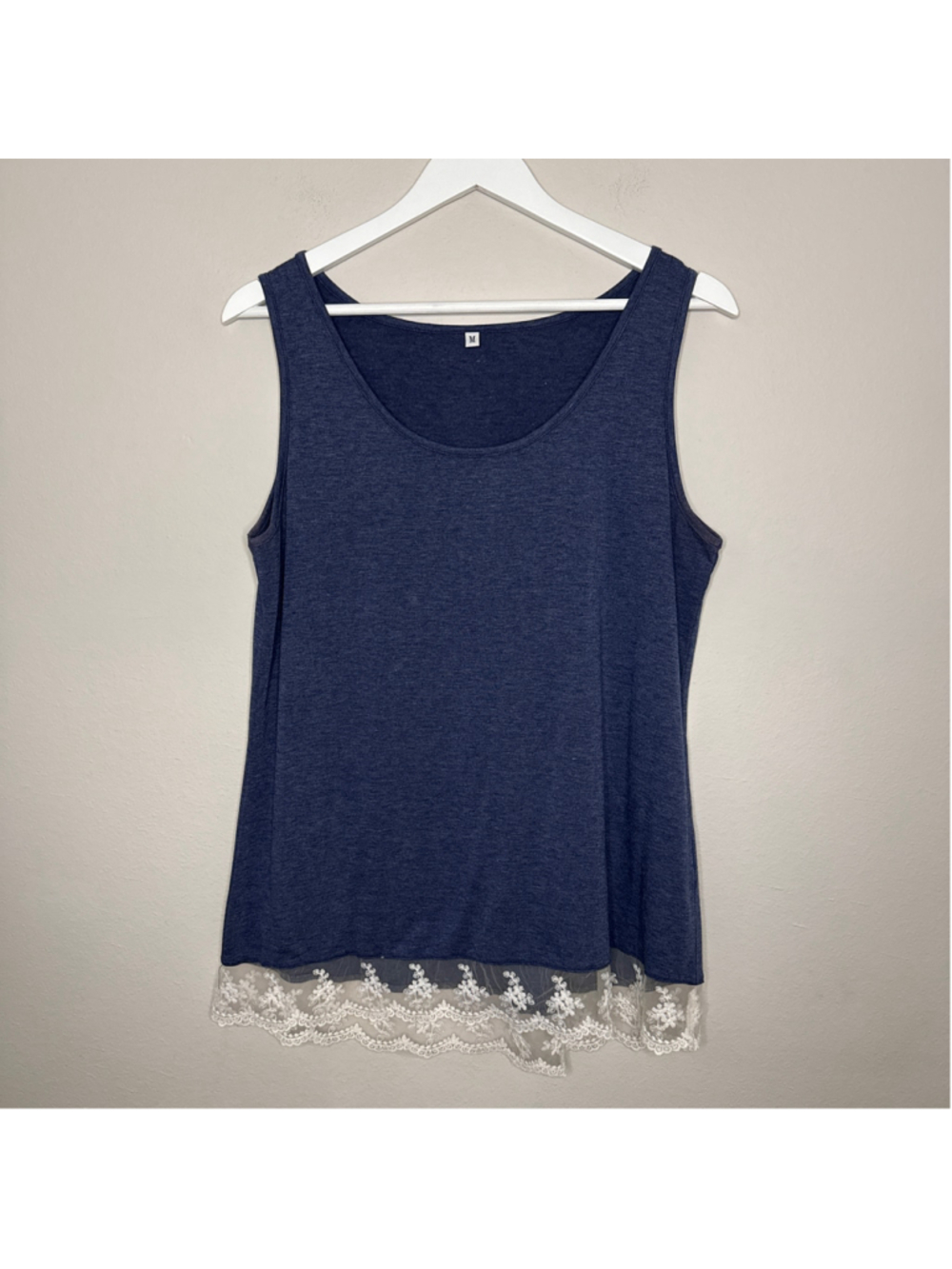 Women's Tank Top Size M Blue White Lace Hem - [LP1072]